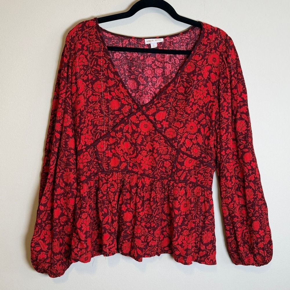 Knox Rose Womens XL Red Floral Metallic Peasant Blouse Balloon Sleeve V-Neck